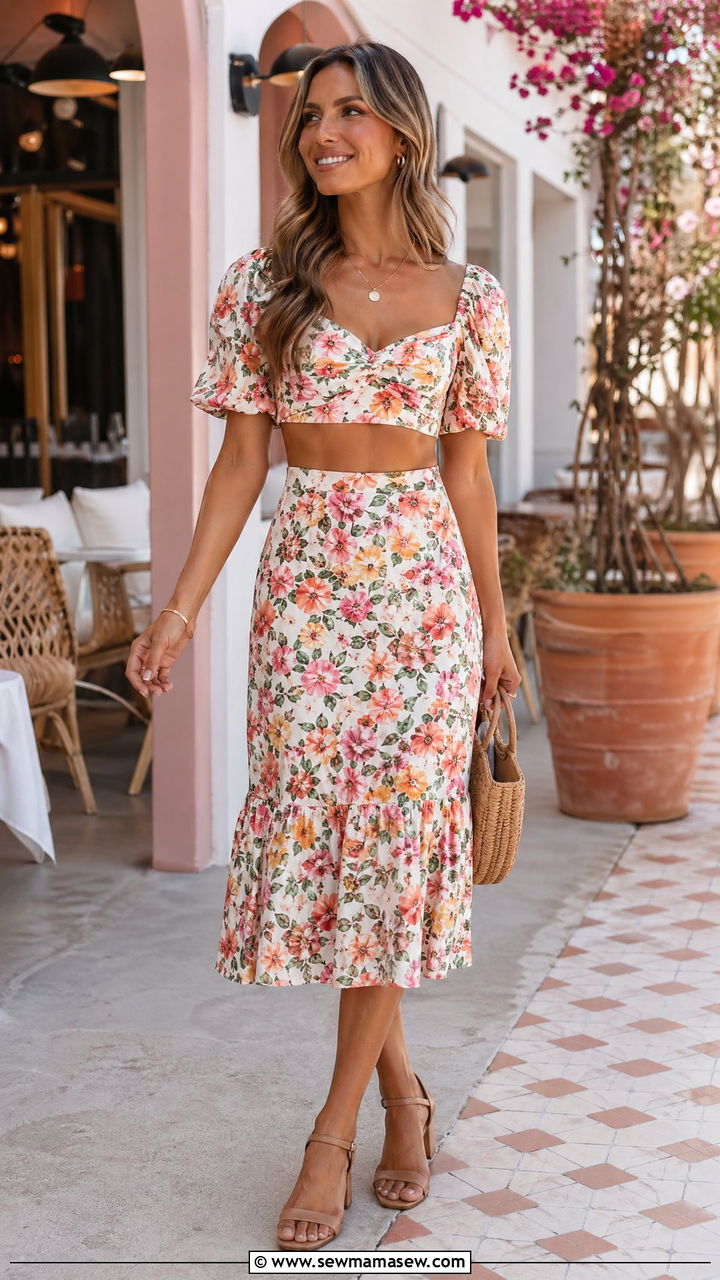 Summer Floral Crop Top And Midi Skirt Set - 35 Summer floral print outfits