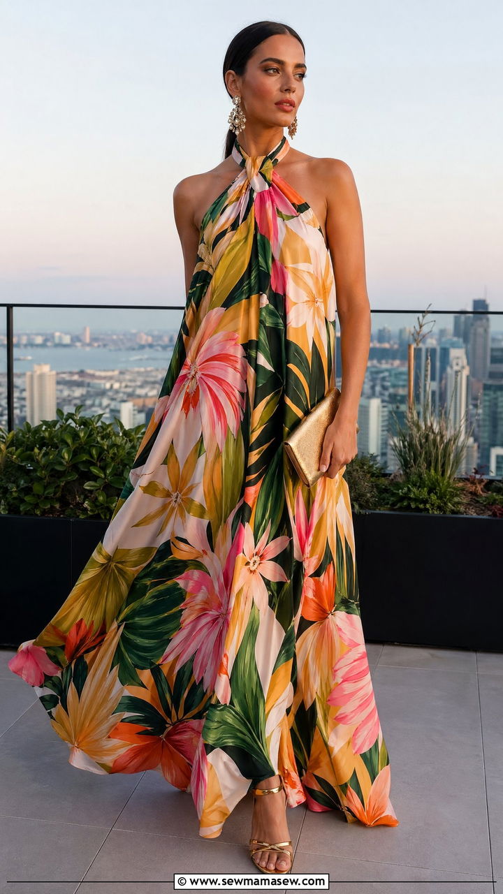 Summer Floral Halter Maxi Dress With Heeled Sandals - 35 Summer floral print outfits