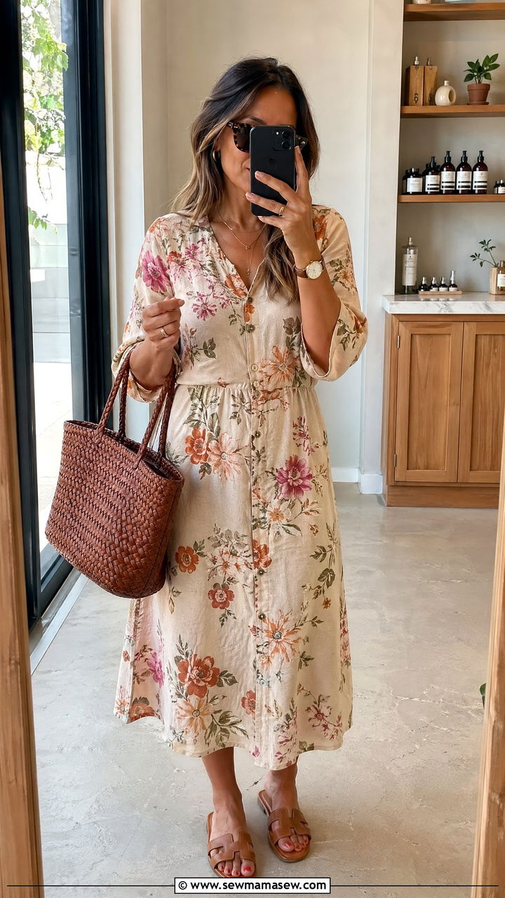 Summer Floral Linen Dress With Leather Sandals - 35 Summer floral print outfits