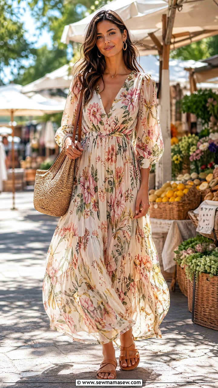 Summer Floral Maxi Dress With Flat Sandals - 35 Summer floral print outfits