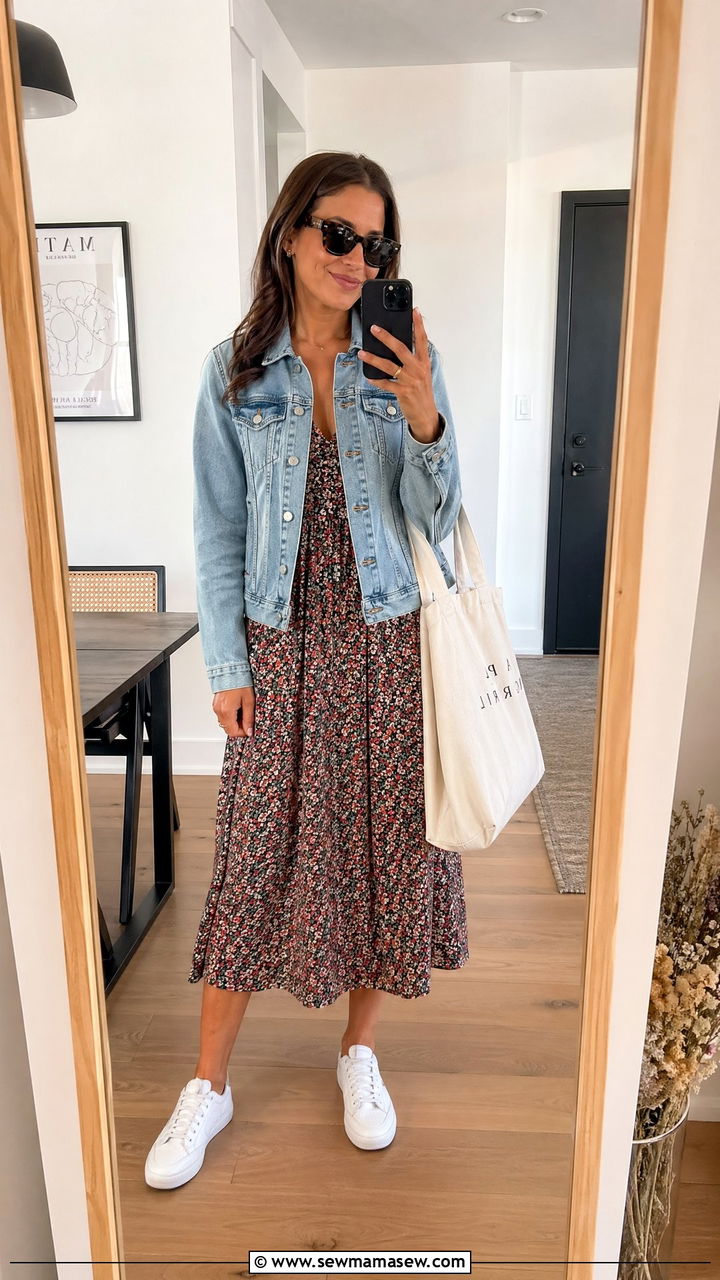 Summer Floral Midi Dress With Denim Jacket - 35 Summer floral print outfits