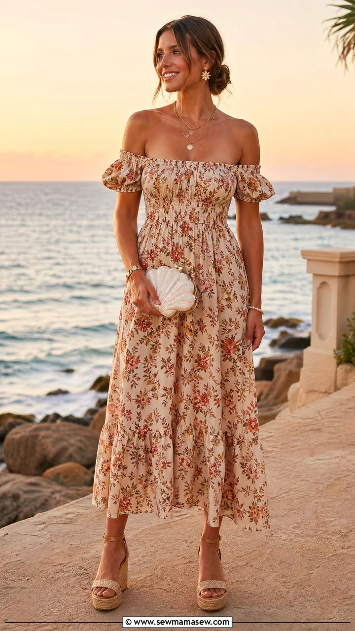 Summer Floral Off Shoulder Dress With Wedge Sandals - 35 Summer floral print outfits