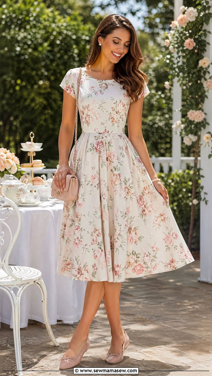 Summer Floral Tea Dress With Ballet Flats - 35 Summer floral print outfits