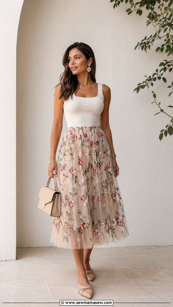 Summer Floral Tulle Midi Skirt With Knit Tank - 35 Summer floral print outfits