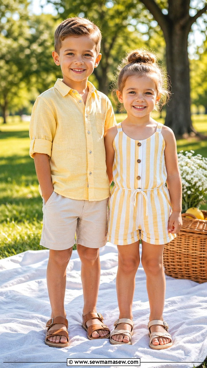 Summer Romper and Linen Shorts Sibling Coordination - 30 Sibling photoshoot outfit ideas
