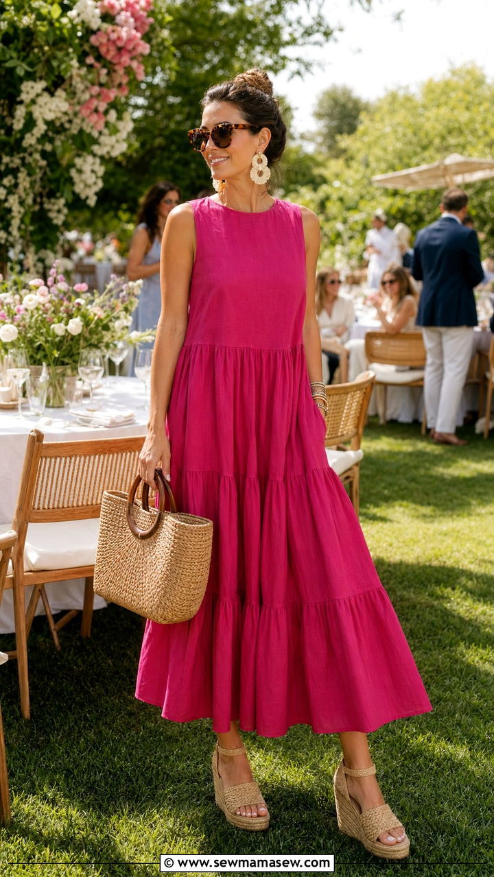 Summer garden party wedding guest dress with a straw bag - 30 Wedding guest outfits with dresses