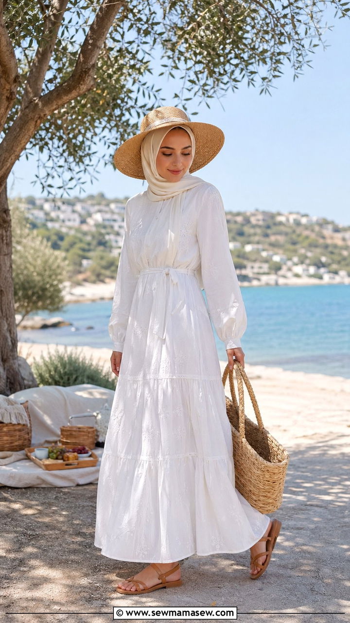 Summer maxi dress with straw accessories - 35 Modest outfit ideas for hijabis