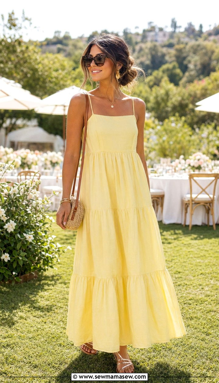 Summer outdoor wedding guest sundress with strappy sandals - 30 Wedding guest outfits with dresses