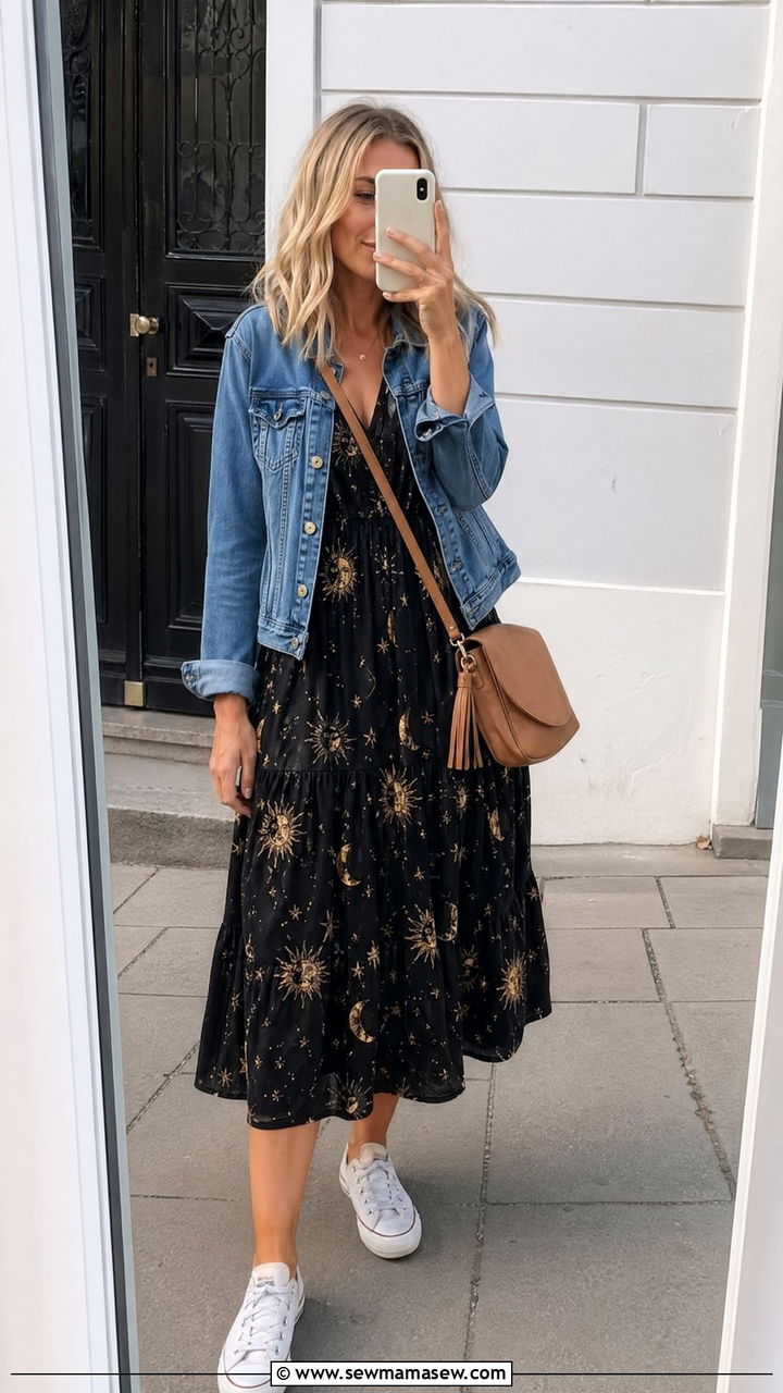 Sun And Moon Print Midi Smock Dress Outfit - 35 celestial outfits ideas