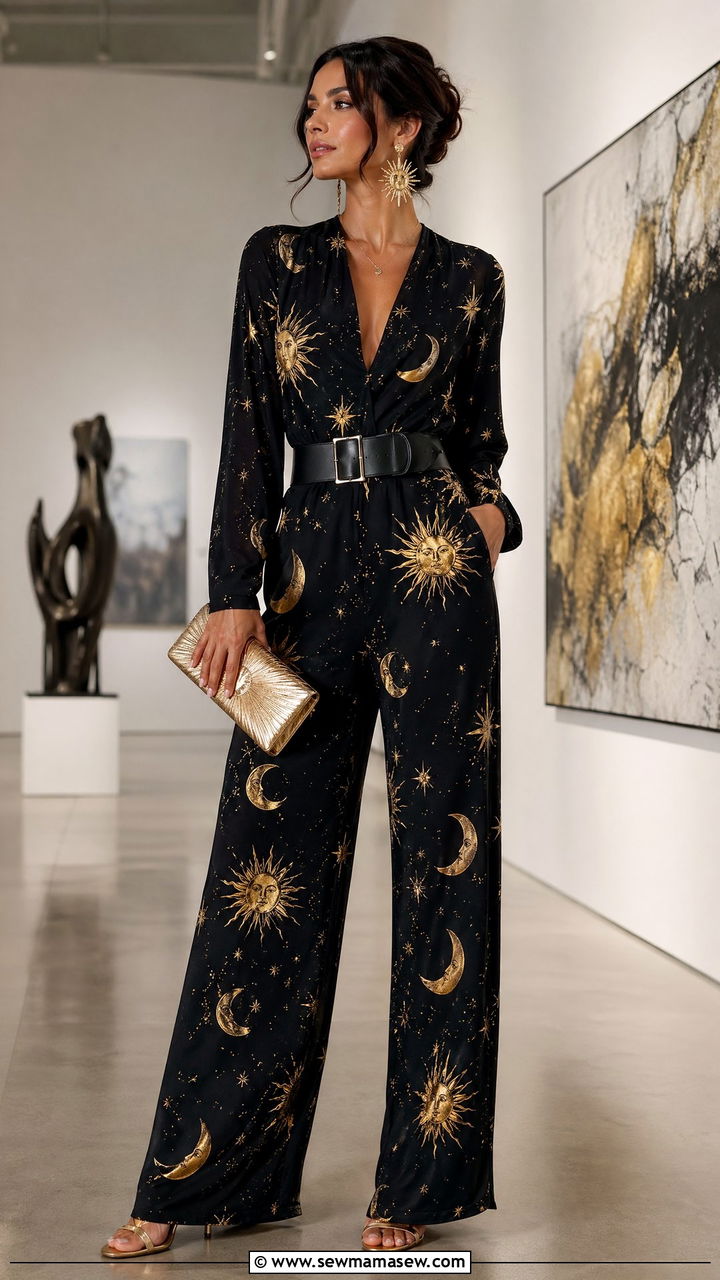 Sun and Moon Print Jumpsuit Outfit - 35 celestial outfits for women