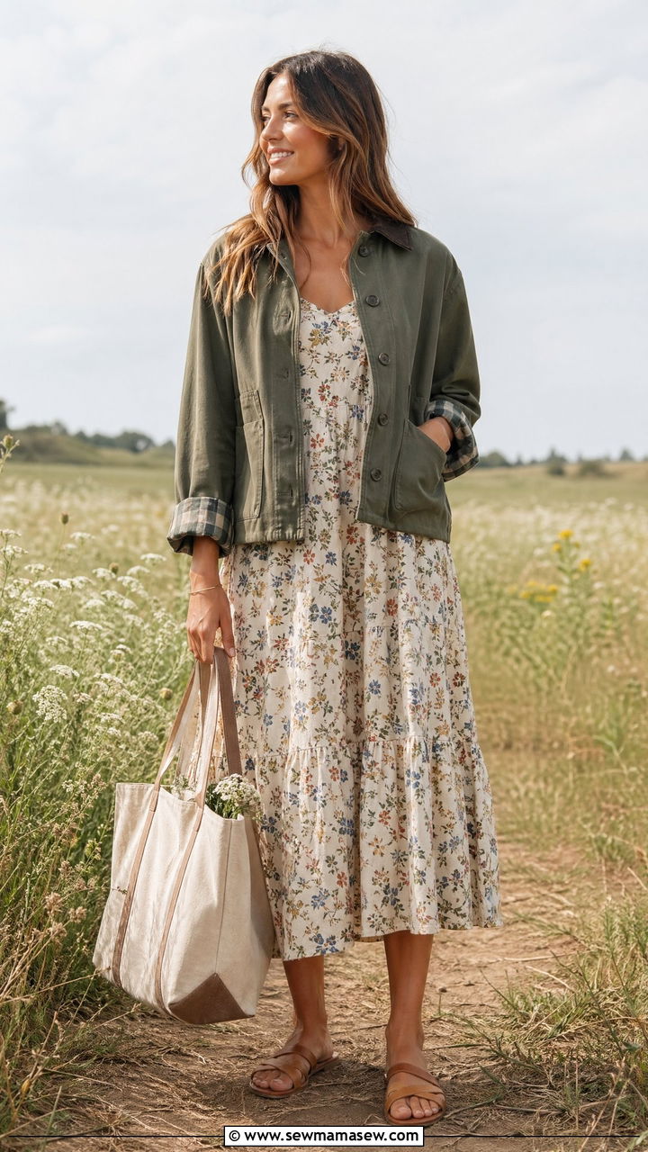 Sundress with Barn Jacket Transitional Outfit - 35 transitional chic outfit ideas