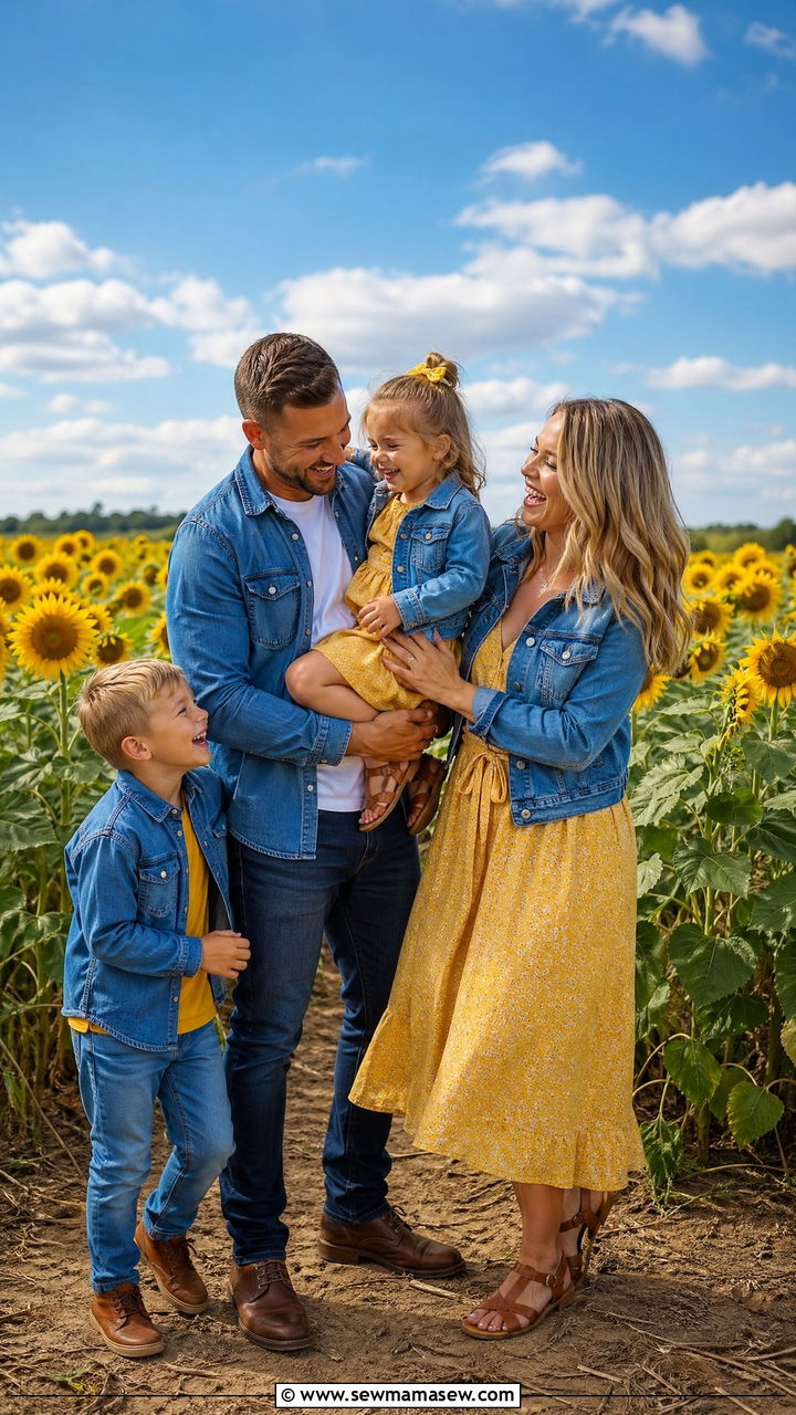 Sunflower Yellow and Denim Family Photo Outfits - 35 summer family photo outfit ideas