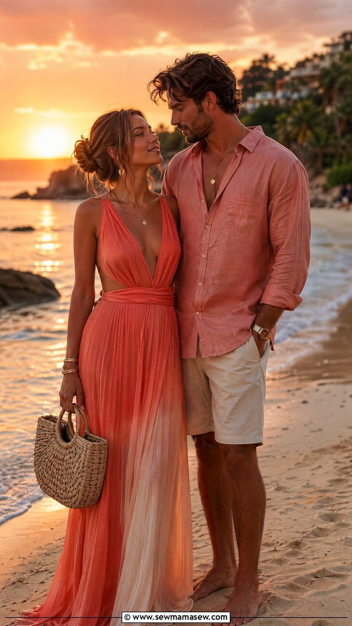 Sunset color gradient couple coordination - 35 Summer matching outfits for couples