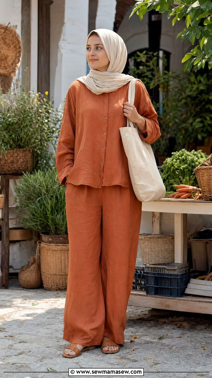 Sustainable linen co ord in earth tones - 35 Modest outfit ideas for hijabis