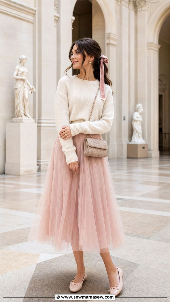 Sweater And Tulle Midi Skirt With Ballet Flats - 35 Romantic outfit ideas