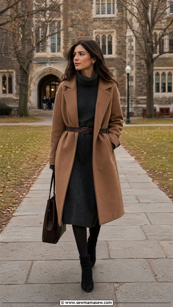 Sweater Dress Outfit With Belted Coat And Ankle Boots - 35 Dark academia outfit ideas