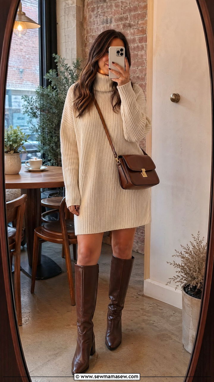Sweater Dress Outfit With Knee High Boots And Crossbody Bag - 35 classy dress outfits