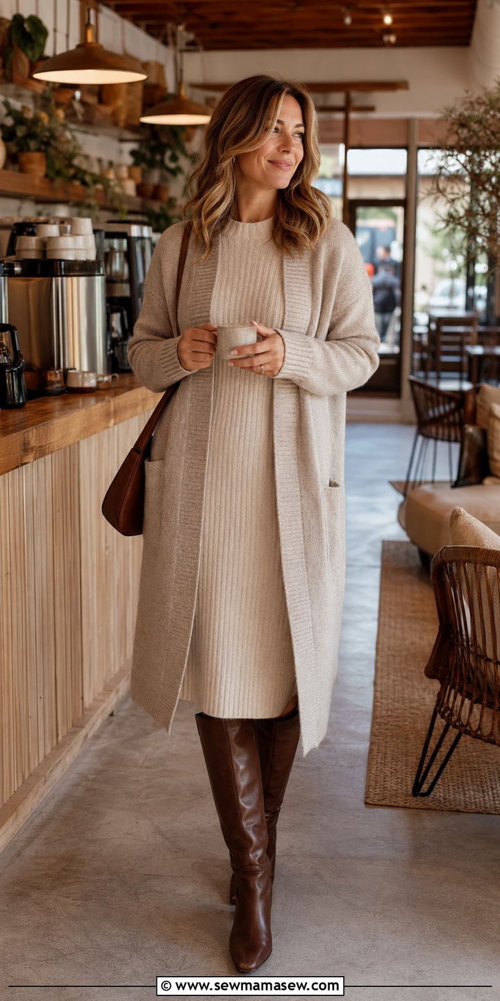 Sweater Dress With Knee High Boots And A Long Cardigan - 35 Mom style outfit ideas