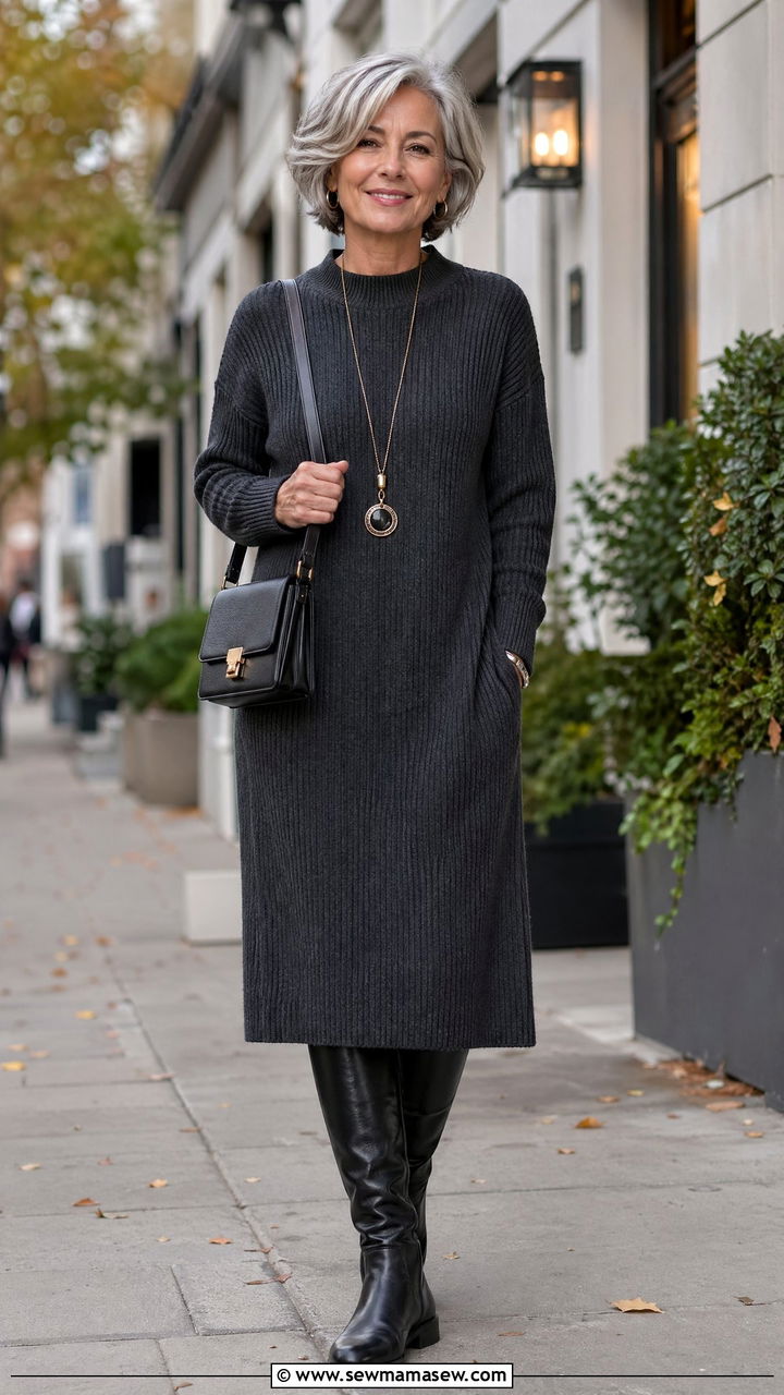 Sweater Dress With Knee High Flat Boots Outfit For Women Over 50 - 35 Casual outfits for women over 50