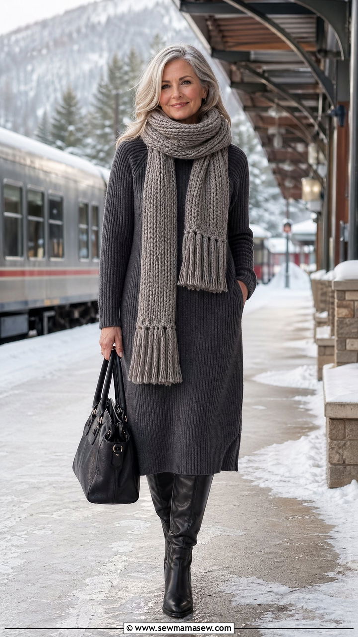 Sweater Dress With Tall Boots For Winter Travel - 35 Travel outfits for women over 50