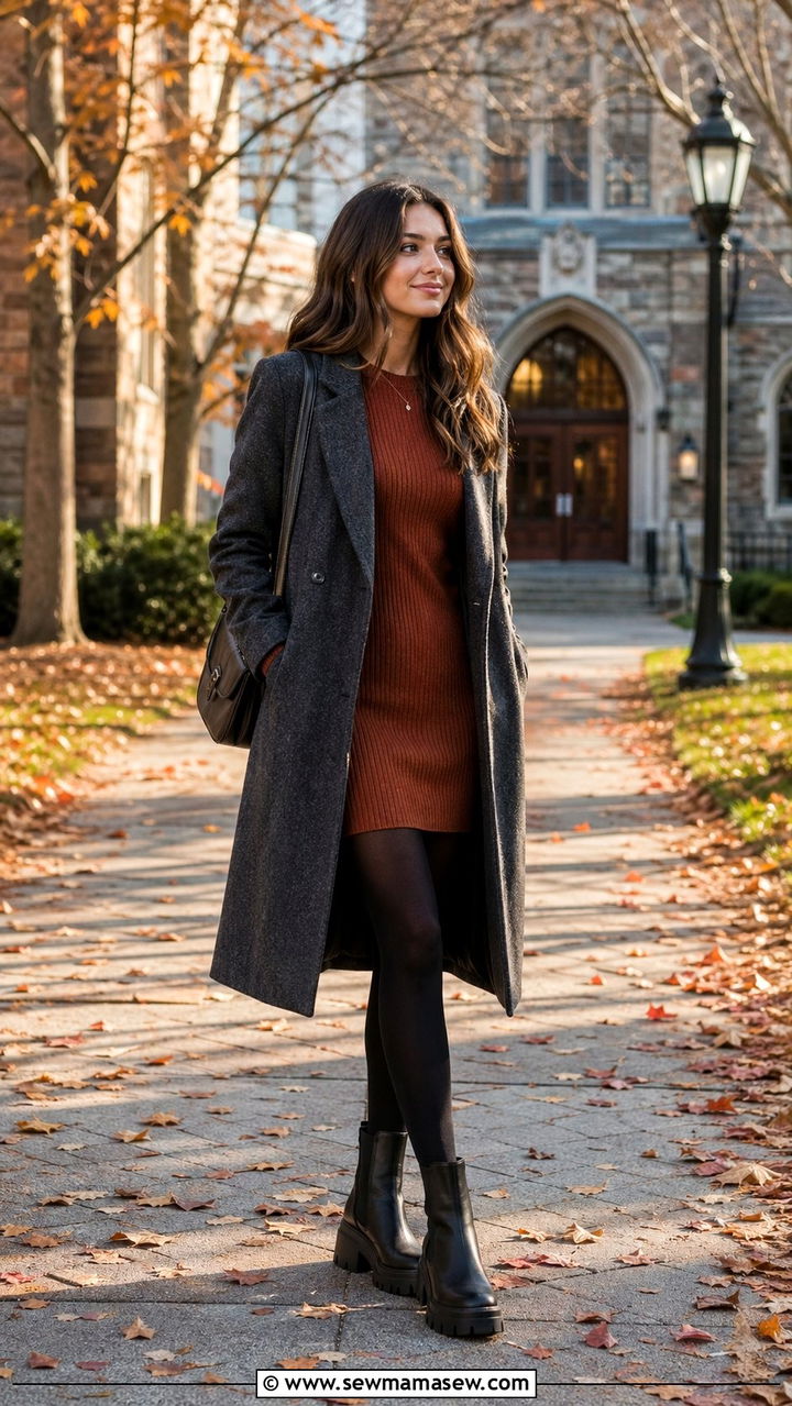 Sweater Dress and Chunky Boots Outfit - 30 Back to school outfit ideas aesthetic 2026