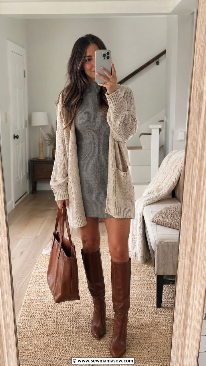 Sweater Dress with Cardigan Layer - 35 casual sweater dress outfits