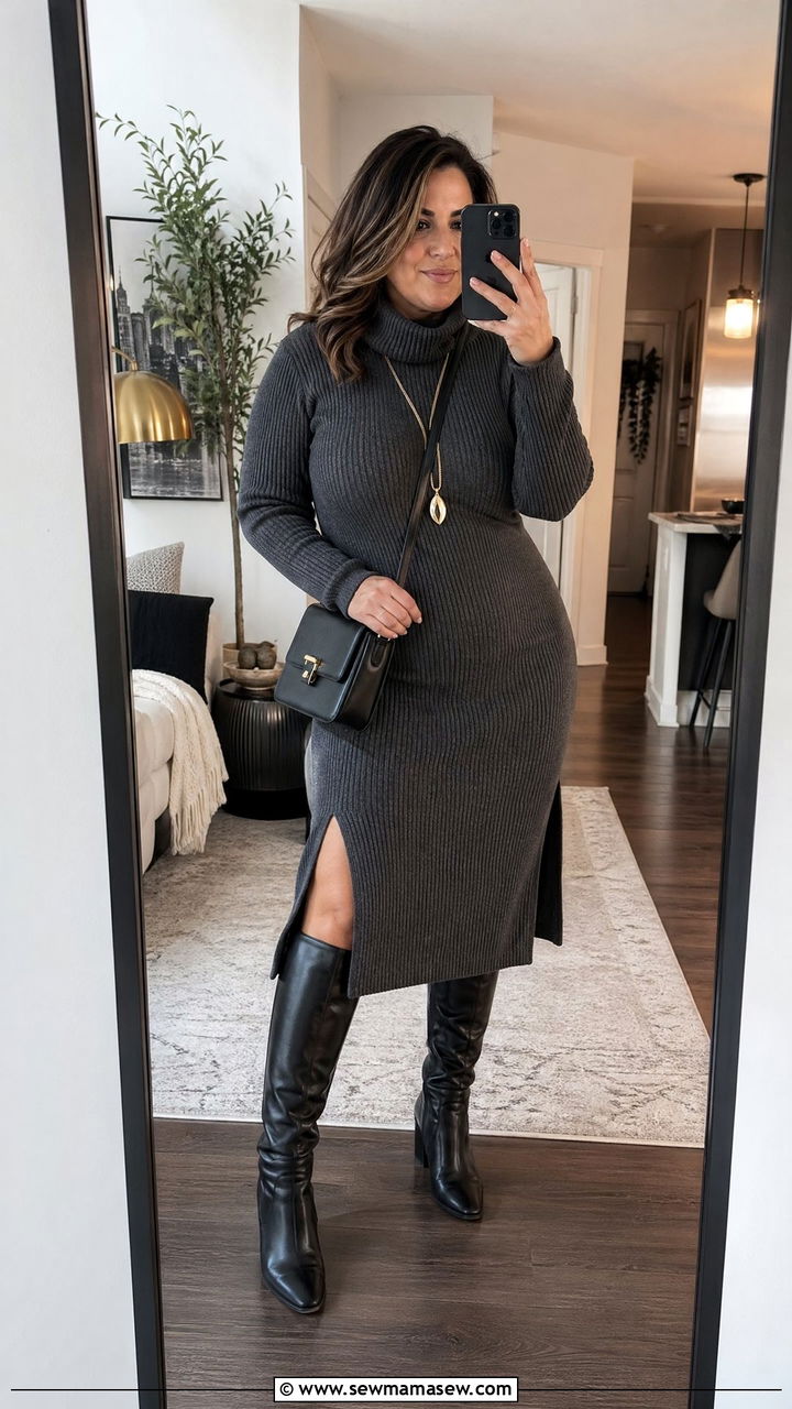 Sweater Dress with Knee High Boots - 35 Curvy outfits for women over 40