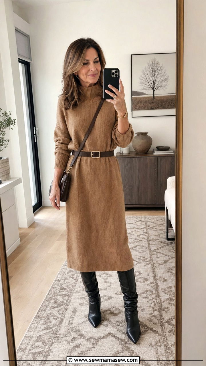 Sweater Dress with Knee High Boots Outfit for Women Over 40 - 30 Aesthetic outfit ideas for women over 40