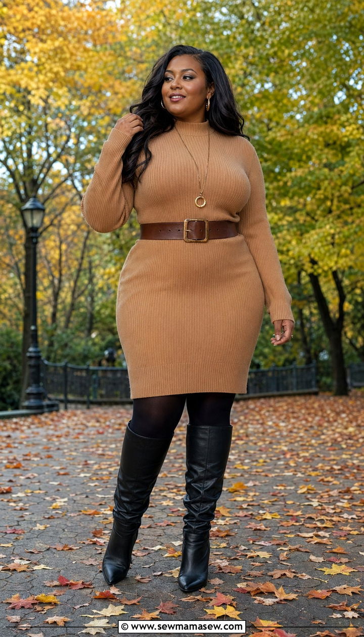 Sweater Dress with Knee High Boots and Belted Waist - 35 outfit ideas for plus size women