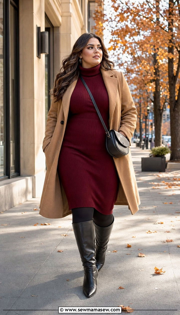 Sweater Dress with Knee High Boots and Wool Coat - 30 Work outfits for curvy women