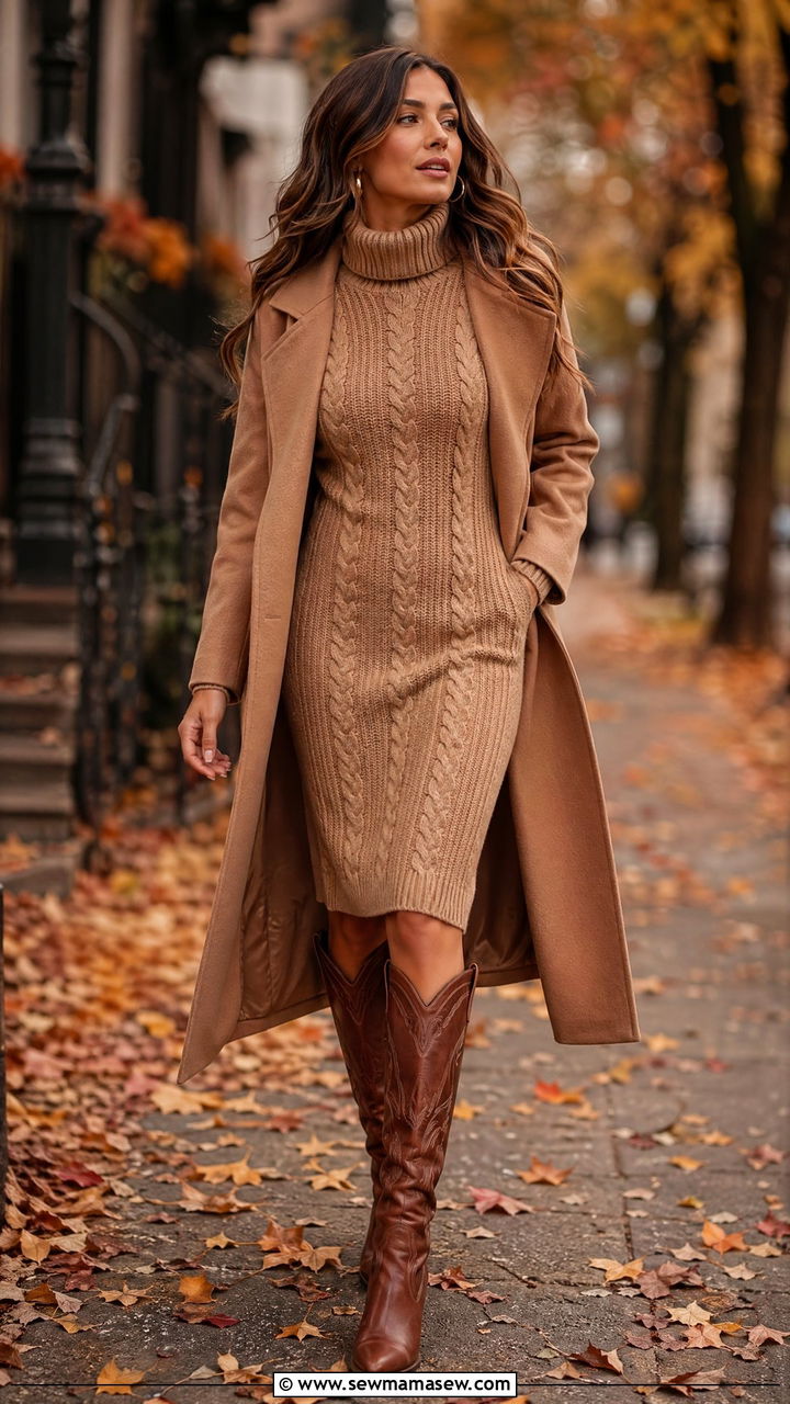 Sweater Dress with Knee High Cowboy Boots - 35 Western chic outfit ideas