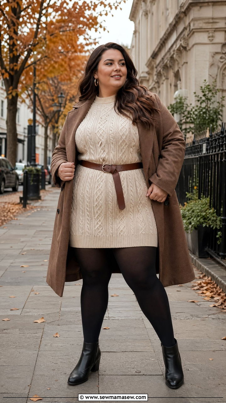 Sweater Dress with Opaque Tights and Ankle Boots - 35 Travel outfits for curvy women
