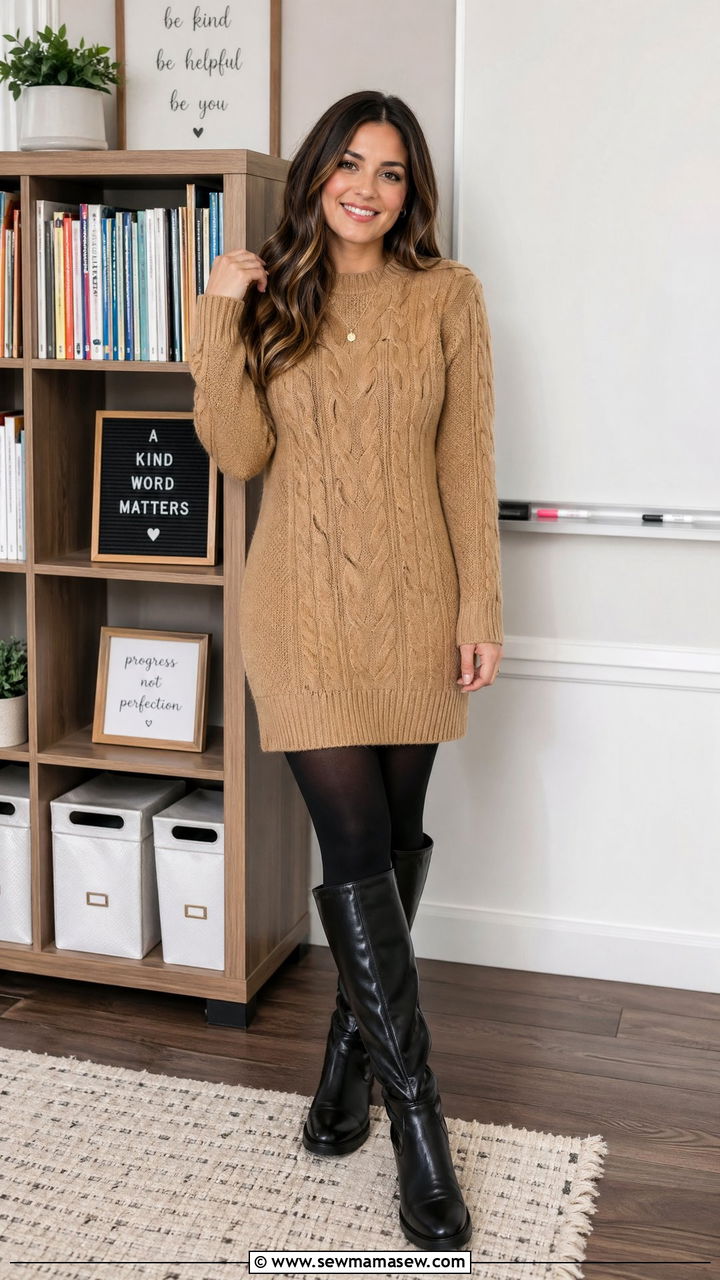 Sweater Dress with Opaque Tights and Knee High Boots - 35 teacher outfit ideas for women