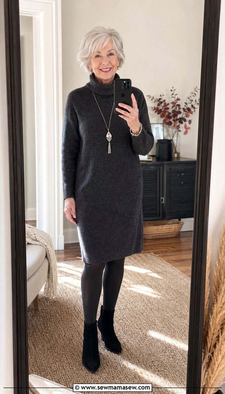 Sweater Dress with Opaque Tights and Suede Ankle Boots - 35 Outfit ideas for women over 70 2026