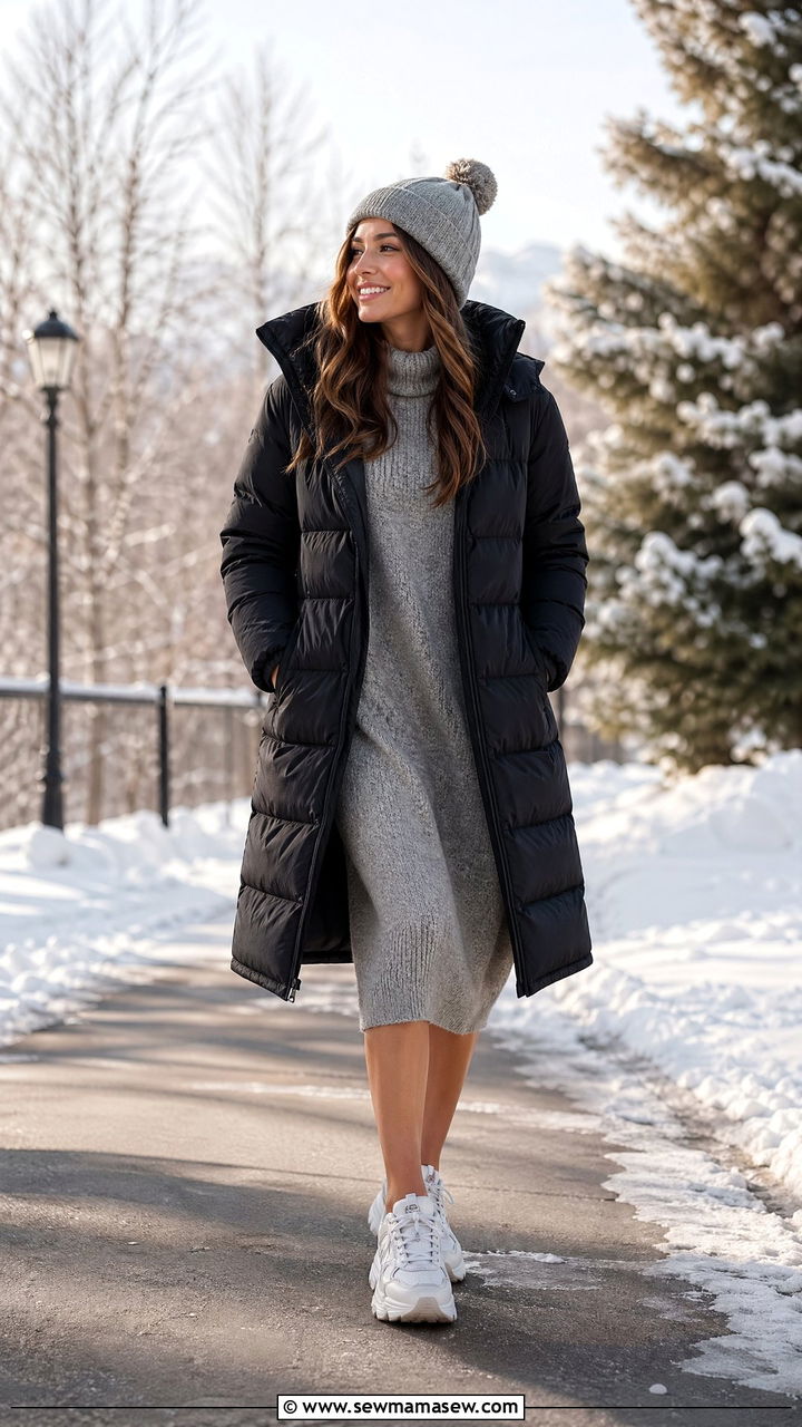 Sweater Dress with Puffer Jacket - 35 casual sweater dress outfits