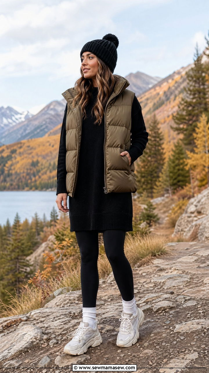 Sweater Dress with Puffer Vest - 35 casual sweater dress outfits
