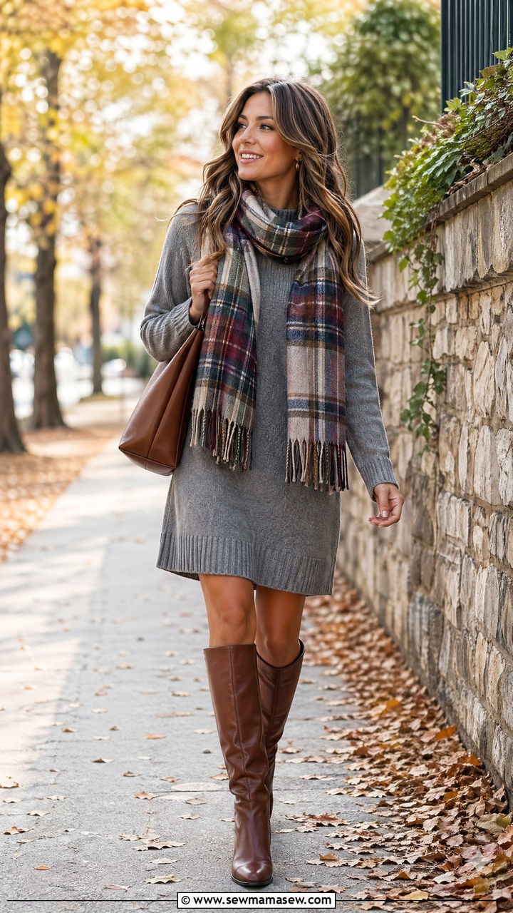Sweater Dress with Scarf and Boots - 35 casual sweater dress outfits