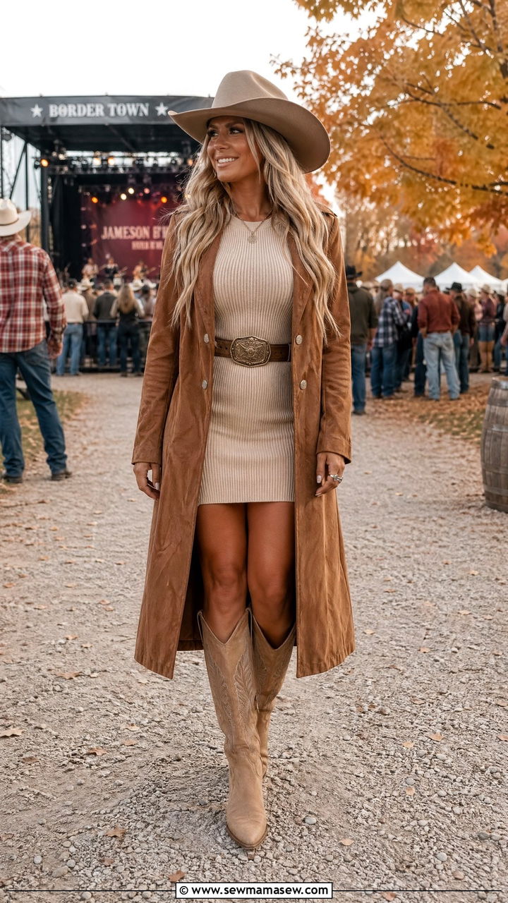 Sweater Dress with Suede Coat and Boots - 35 Country concert outfit ideas