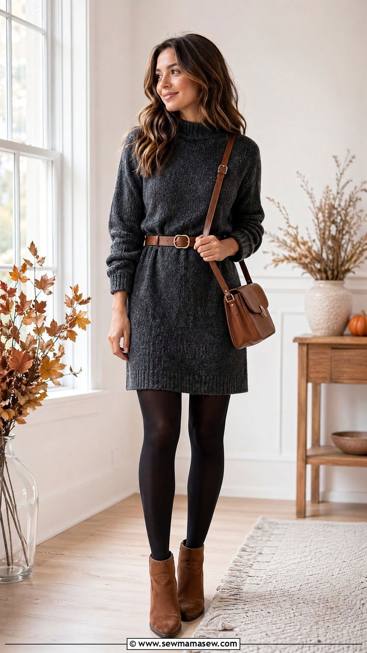 Sweater Dress with Tights and Ankle Boots - 35 casual sweater dress outfits