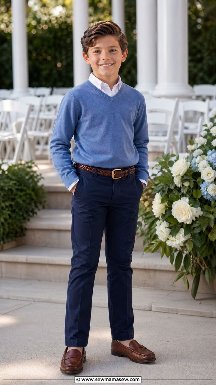 Sweater Over Collared Shirt and Chinos Outfit - 35 Spring outfits for kids