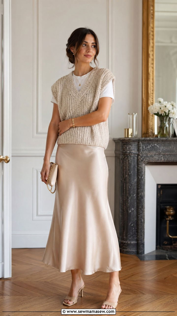 Sweater Vest And Satin Slip Skirt - 35 Sweater vest outfit ideas