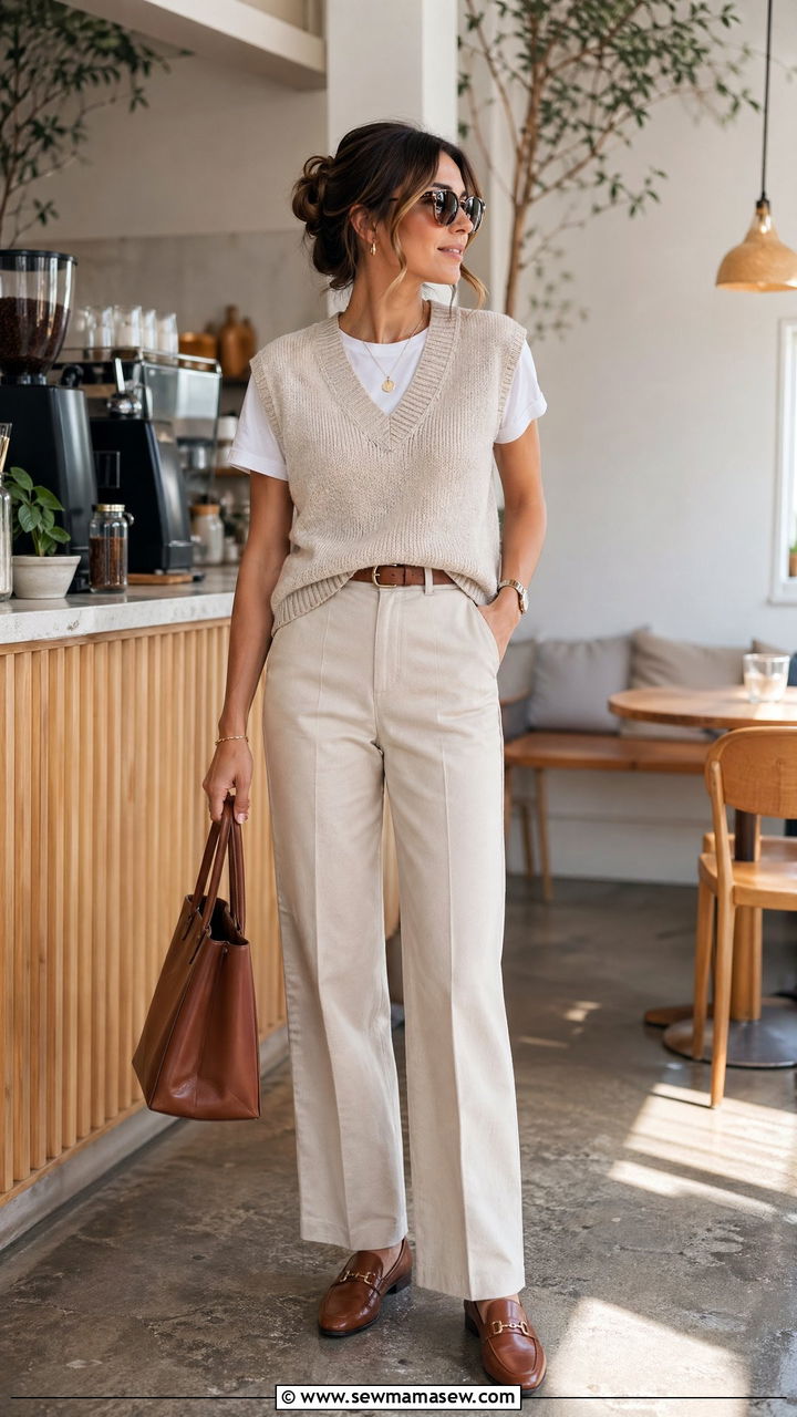Sweater Vest Layered Over A White Tee With High Waist Pants - 35 casual outfits aesthetic