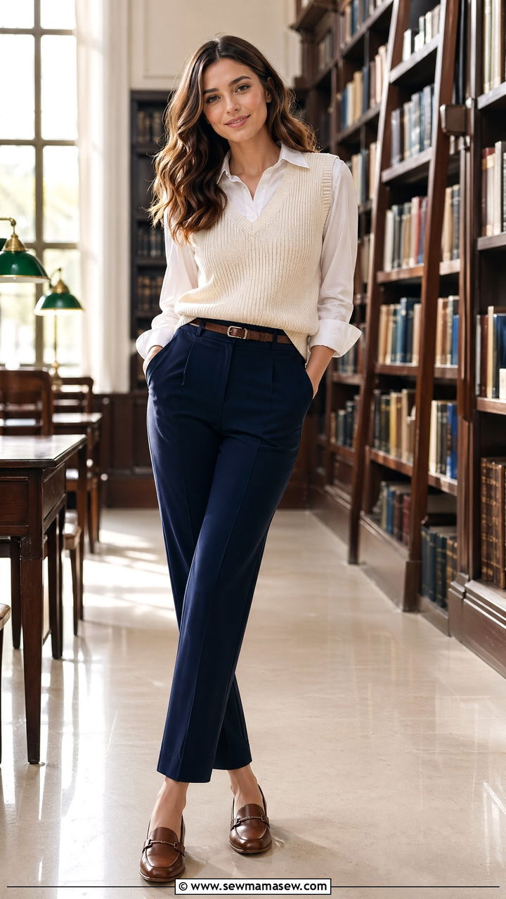 Sweater Vest Layered Over White Button Down with Trousers - 35 cute office outfits