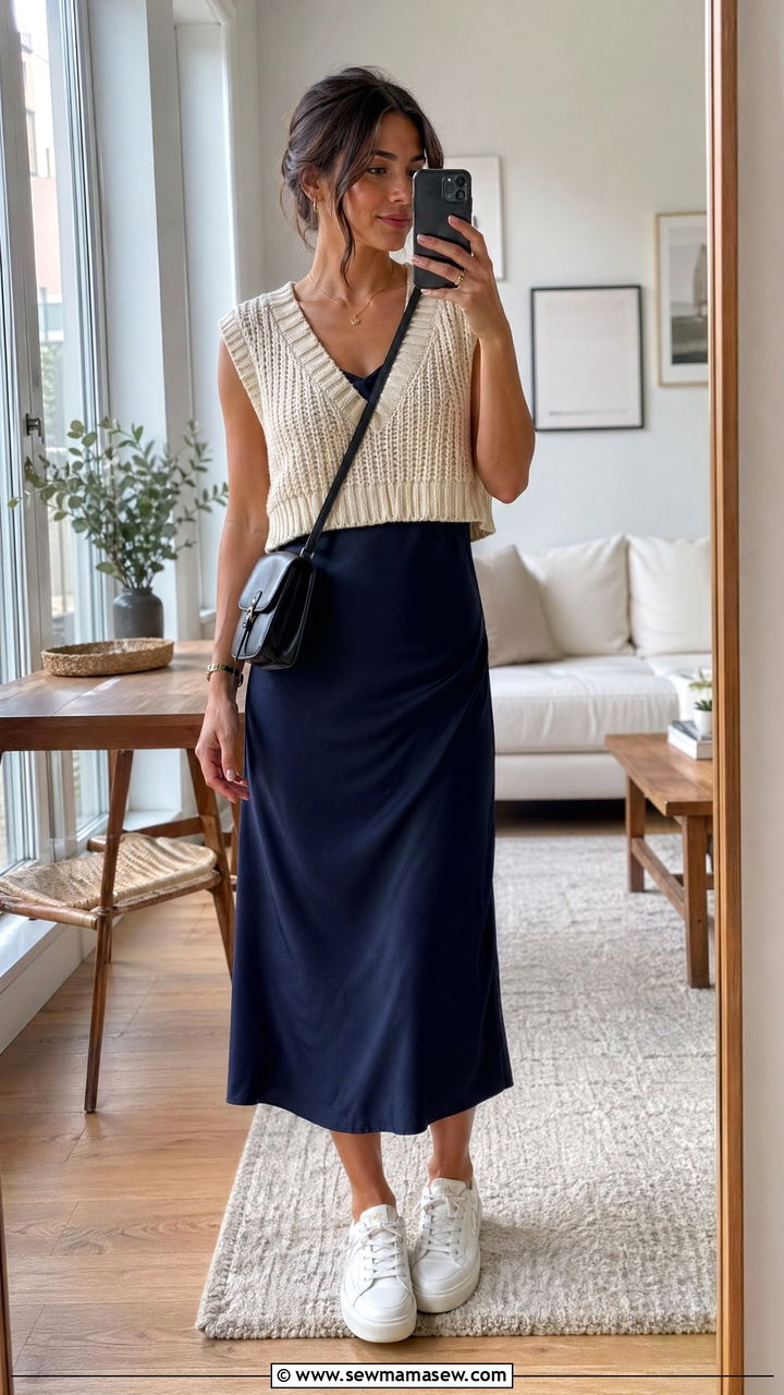 Sweater Vest Layered Over a Midi Dress - 35 casual sweater vest outfits