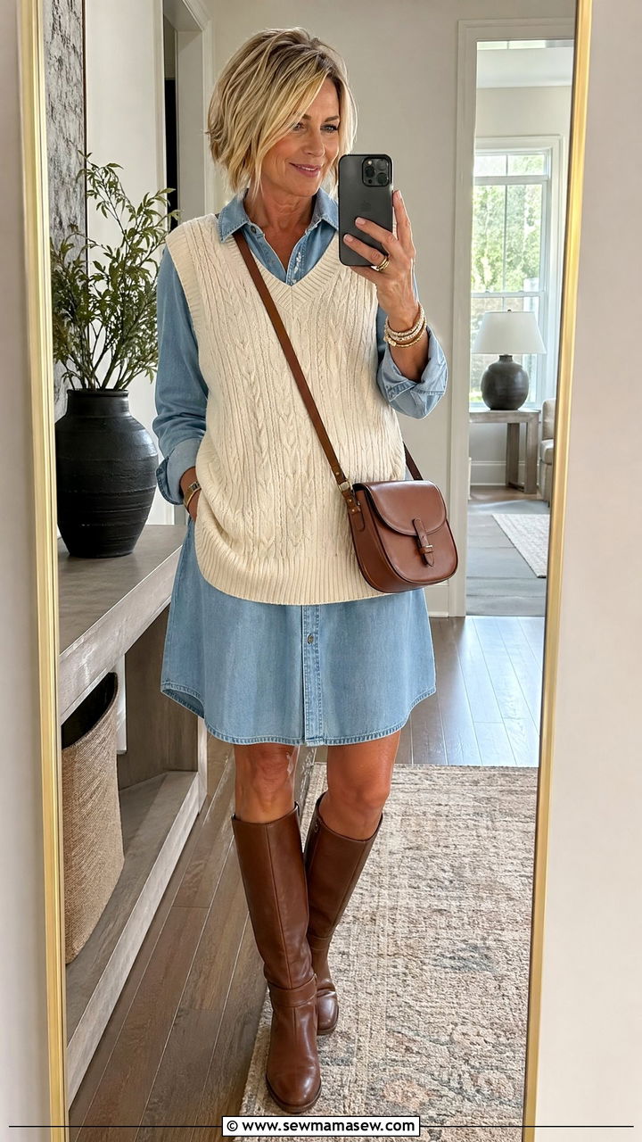 Sweater Vest Layered Over a Shirt Dress - 35 Chic outfit ideas for women over 40