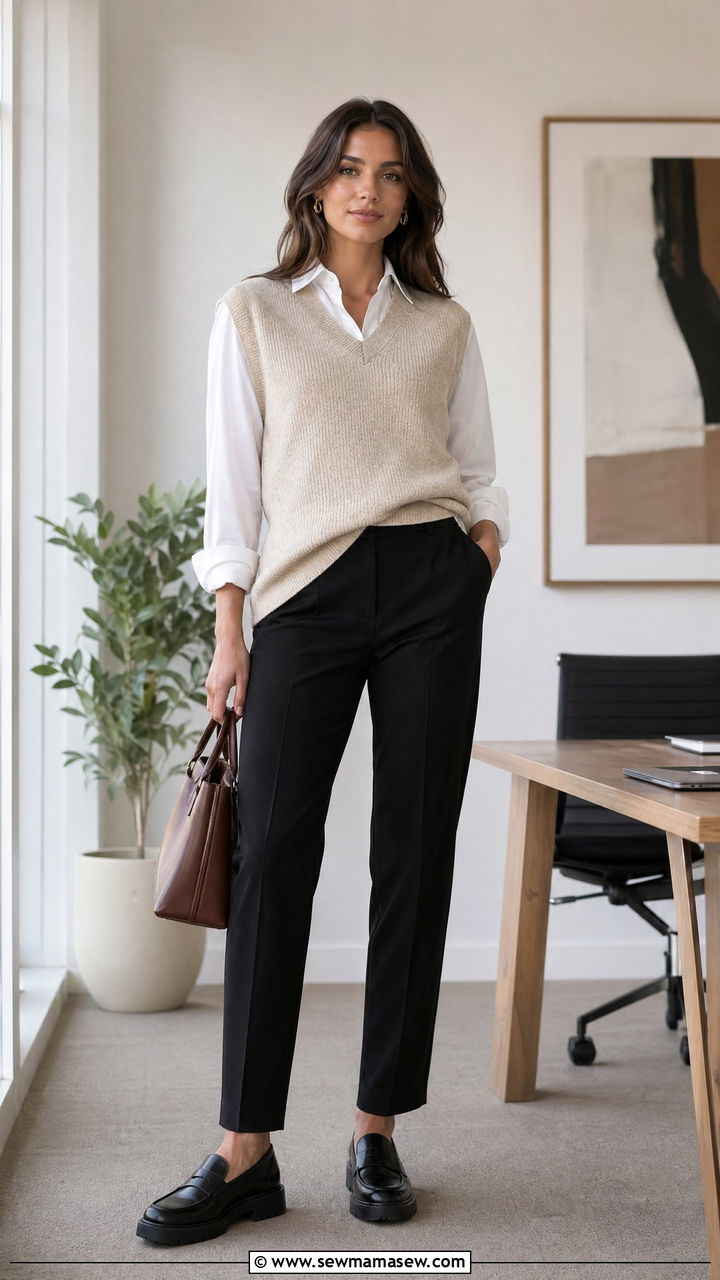 Sweater Vest Layered Over a White Button Up with Cigarette Trousers - 35 workwear outfit ideas for women