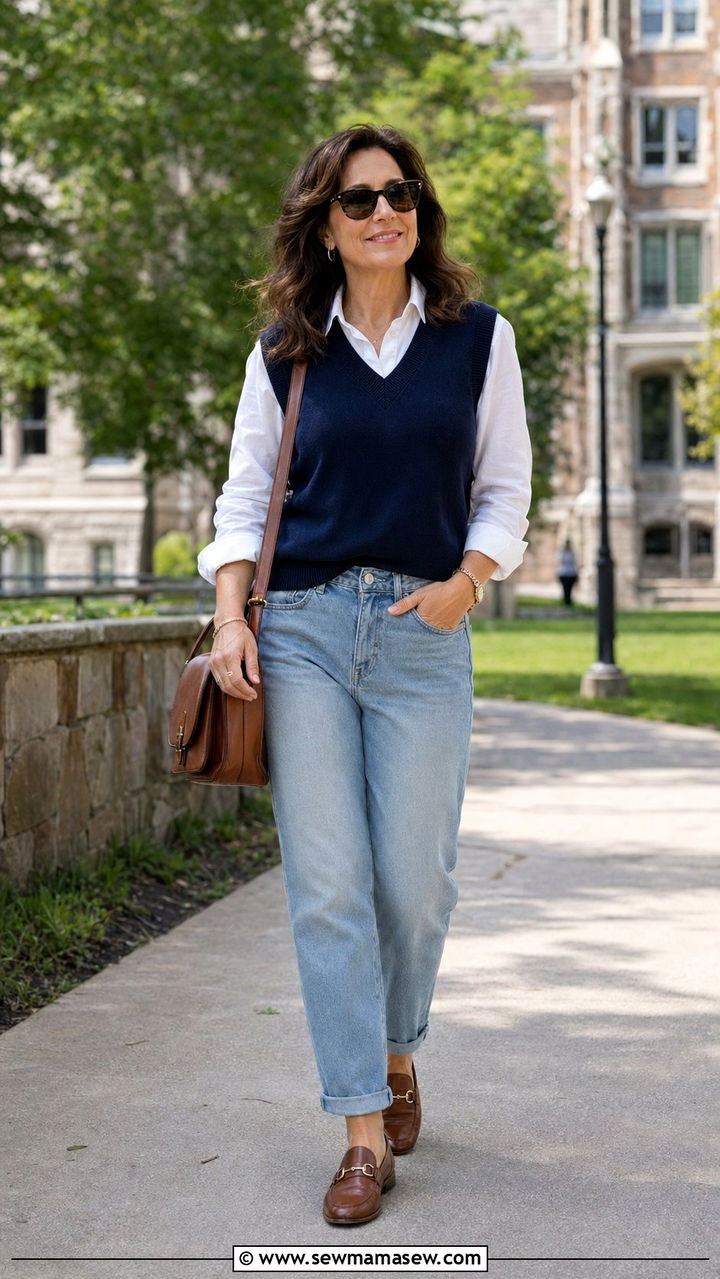 Sweater Vest Over A Button Down With Mom Jeans - 35 mom jeans outfits for women over 40