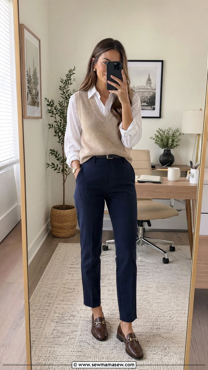 Sweater Vest Over A Button Up Shirt - 35 Cute work outfits for women