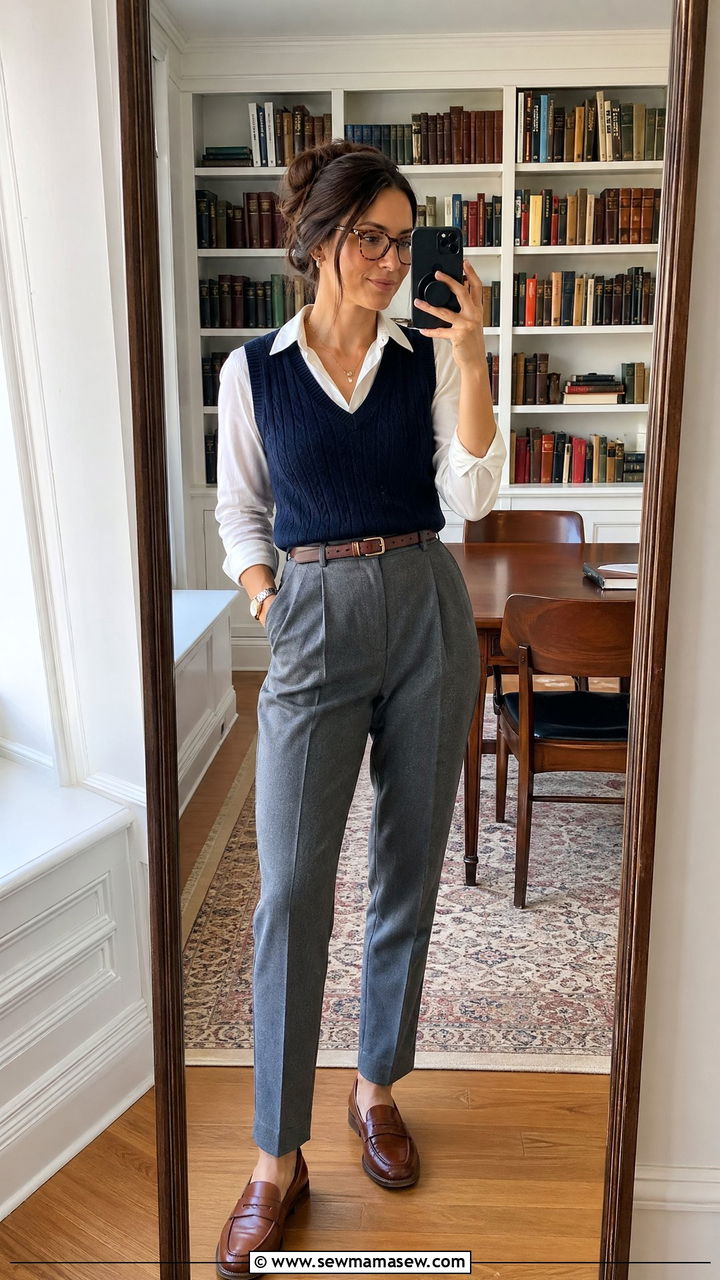 Sweater Vest Over A White Button Down With Trousers - 35 Classic business casual outfits