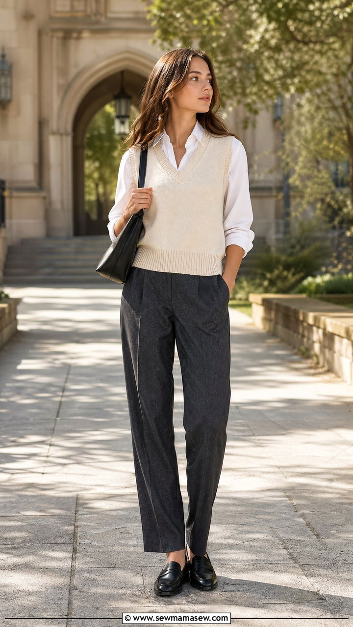 Sweater Vest Over A White Shirt With Tailored Trousers - 35 Spring London outfit ideas
